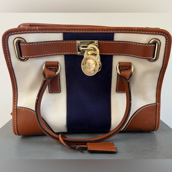 Michael Kors Hamilton Mono Stripe Canvas/Leather Satchel, Blue /White/ Brown - Picture 1 of 10
